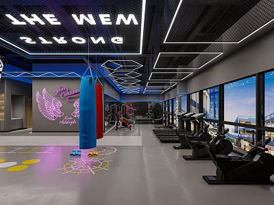 Modern Fitness Gym With Neon Sign Punching Bags Eagle Logo Large Windows And Workout Equipment 3d model