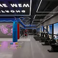 Modern Fitness Gym With Neon Sign Punching Bags Eagle Logo Large Windows And Workout Equipment