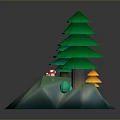 Two Low Poly Green Pine Trees With Red Mushroom On Blue Rock Base