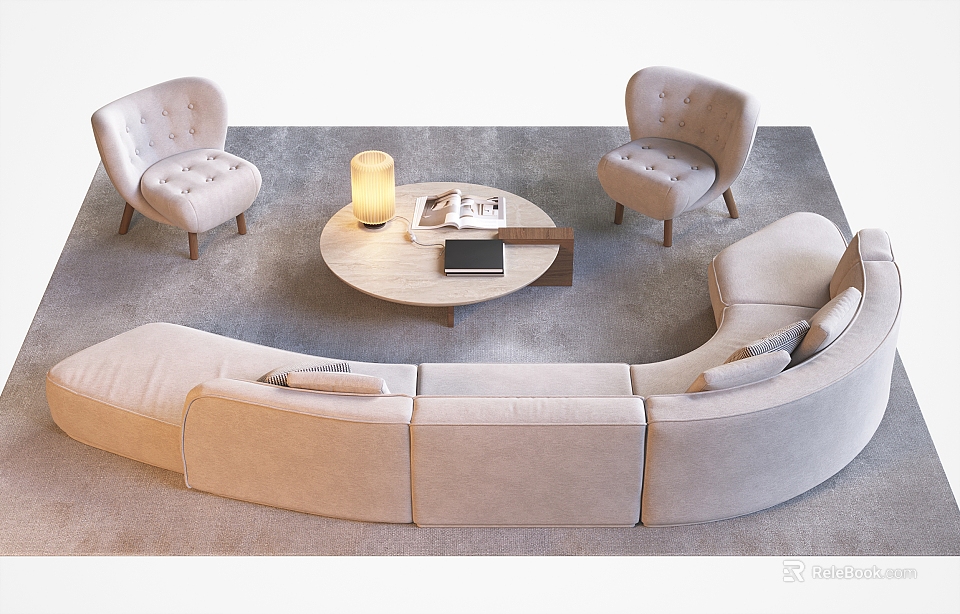Beige Curved Sofa Coffee Table Combination with Armchairs Lamp Book and Laptop on Gray Rug 3d model 