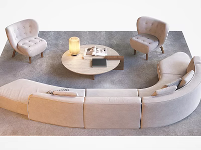 Beige Curved Sofa Coffee Table Combination with Armchairs Lamp Book and Laptop on Gray Rug 3d model