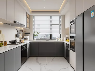 Modern Kitchen Interior With Gray White Cabinets Marble Countertop Refrigerator Oven And Window Blinds 3d model