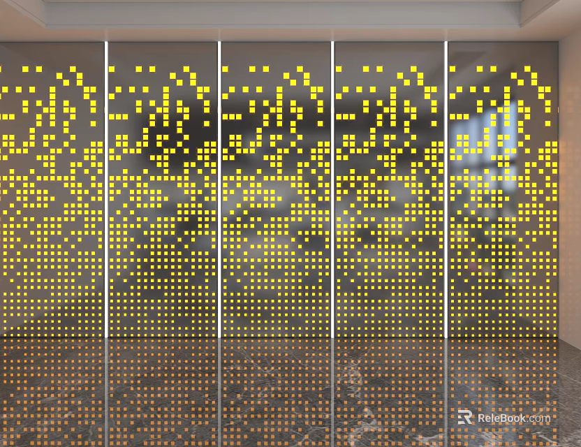 Modern Background Wall With Yellow Dot Pattern Panels And Lighting Reflection On Sleek Floor 3d model 
