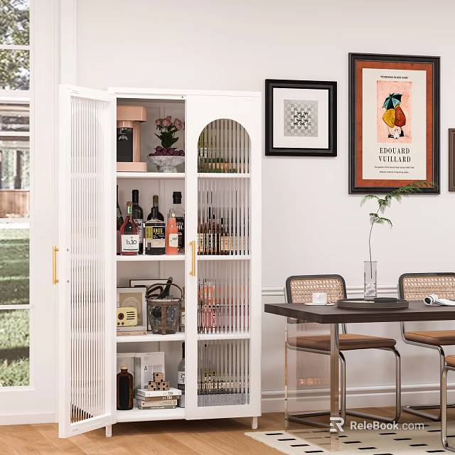 Restaurant With White Wine Cabinet Various Bottles Decorations Dining Table Chairs Wall Paintings Green Plants 3d model 
