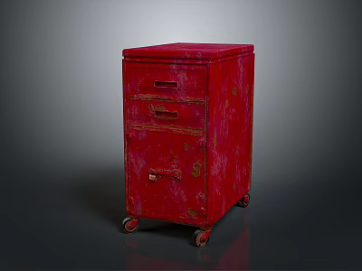 Vintage Red Cabinet With Three Drawers And Wheels On Dark Background 3d model