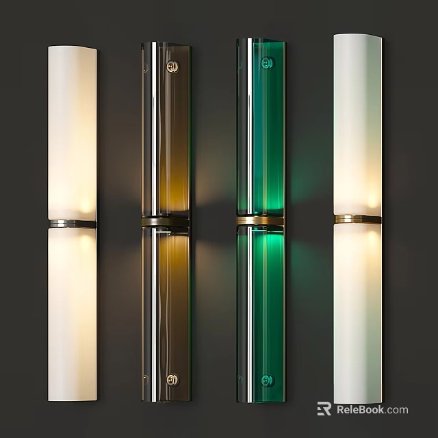 Modern Cylindrical Wall Sconces in White Brown Green on Dark Wall Illuminated 3d model 