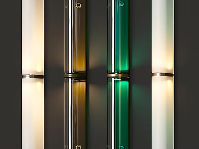 Modern Cylindrical Wall Sconces in White Brown Green on Dark Wall Illuminated 3d model
