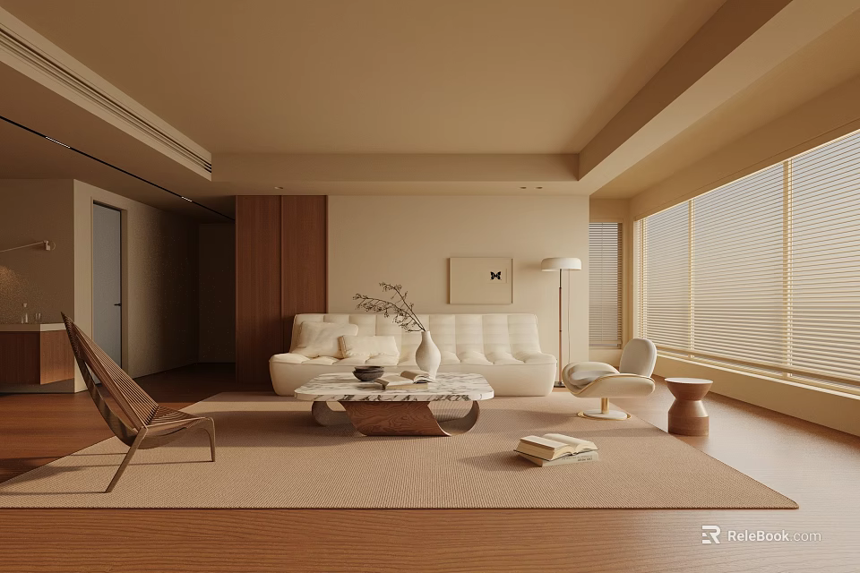 Modern Living Room Interior With White Sofa Area Rug Wooden Floor And Large Windows 3d model 