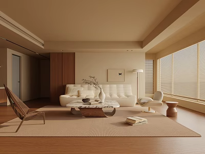 Modern Living Room Interior With White Sofa Area Rug Wooden Floor And Large Windows 3d model