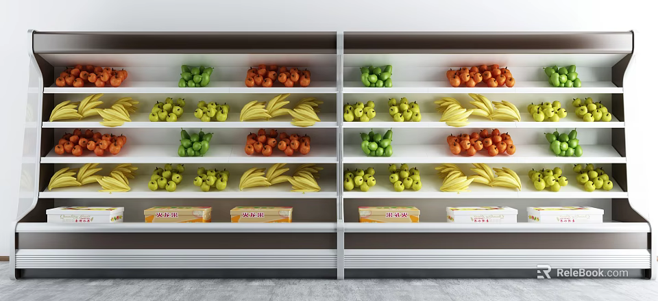 Display Shelves Stocked with Fresh Fruits and Packaged Products in Retail Store 3d model 
