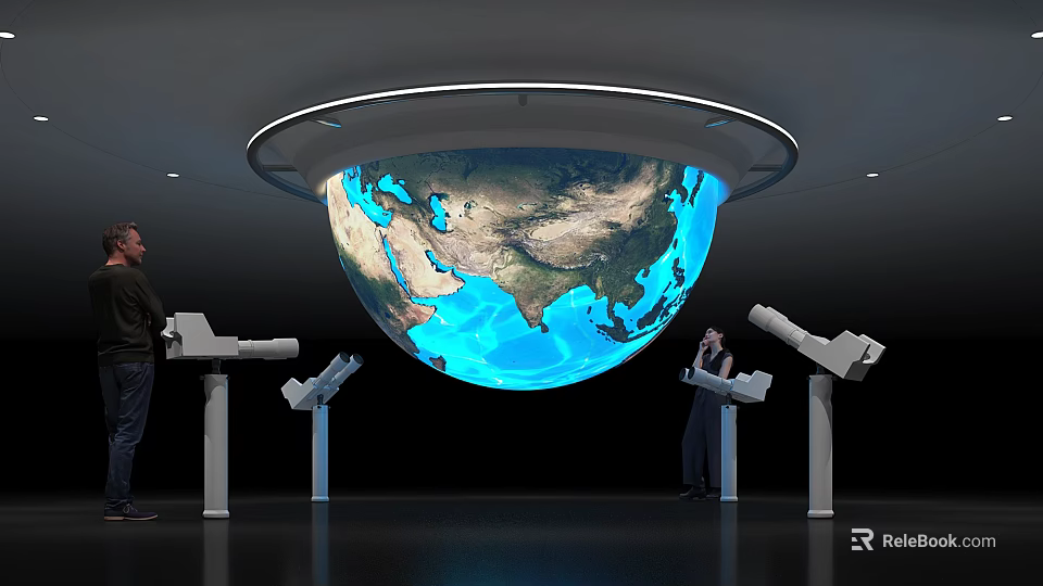 Large 3D Globe Display With People Using Interactive Control Devices In Exhibition Space 3d model