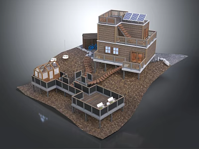Rustic Two Story Wooden House With Solar Panels Wooden Deck And External Stairs 3d model