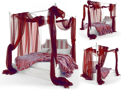 Double Bed Four Poster Design With Red Canopy Curtains And Pink Velvet Bedding 3d model