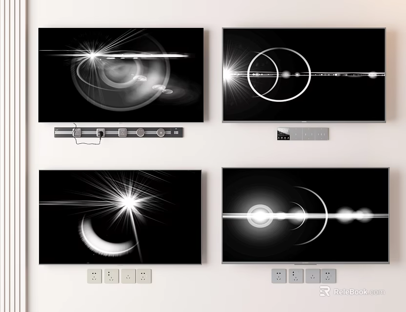 Modern Wall Mounted TVs With Black And White Light Patterns And Circular Rings 3d model 
