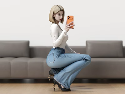 Woman Squatting On Wooden Floor Holding Orange Phone Wearing White Top And Blue Jeans 3d model