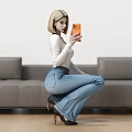 Woman Squatting On Wooden Floor Holding Orange Phone Wearing White Top And Blue Jeans