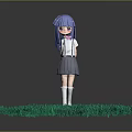 Anime Character With Blue Hair And Purple Eyes Standing On Green Grass Field