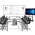 Glass Conference Table with Rolling Chairs Whiteboard Charts and Large Monitor in Meeting Room