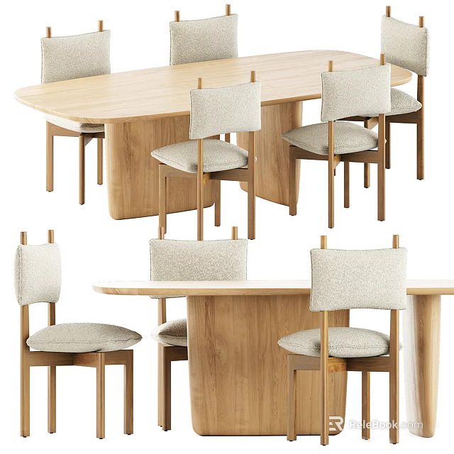 Modern Wooden Dining Table Set With Light Colored Cushioned Chairs And Simple Design 3d model