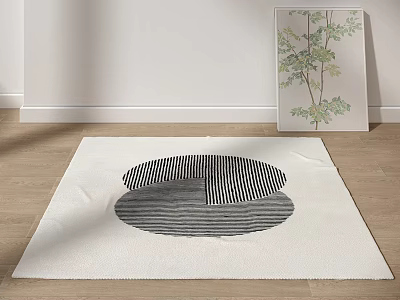Modern Square Rug with Black White Striped Semicircle and Grey Circle Design on Wooden Floor 3d model