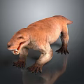 3D Model of Prehistoric Creature with Orange Brown Skin Open Mouth Sharp Teeth and Claws