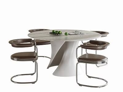 Modern Round White Dining Table with Brown Metal Frame Chairs and Fruit Decoration 3d model