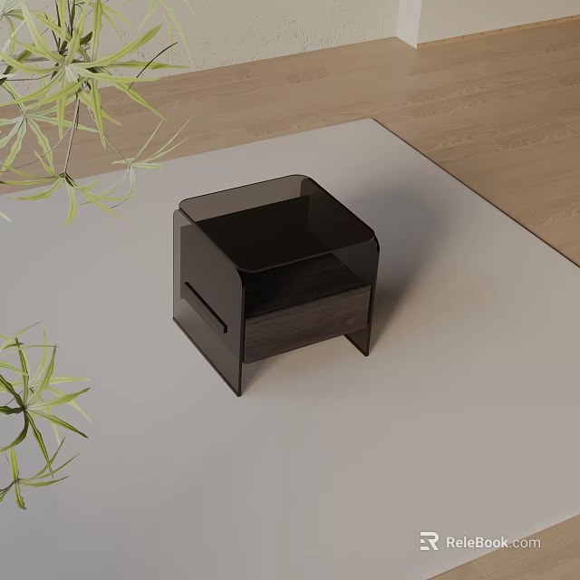 Modern Side Table With Acrylic Frame And Wooden Shelf On Wooden Floor With Green Plants 3d model 