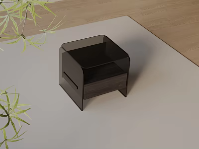 Modern Side Table With Acrylic Frame And Wooden Shelf On Wooden Floor With Green Plants 3d model