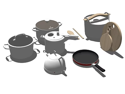 Essential Kitchen Cookware Collection With Pots Pans Lid Spoon And Wooden Cutting Board 3d model