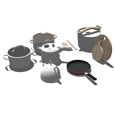 Essential Kitchen Cookware Collection With Pots Pans Lid Spoon And Wooden Cutting Board 3d model