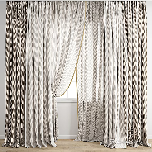 Double Layered Striped Curtains With Light Inner Layer Tied By Ribbon 3d model