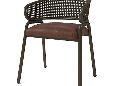 Modern Armchair With Woven Rattan Armrests And Brown Leather Seat Cushion 3d model