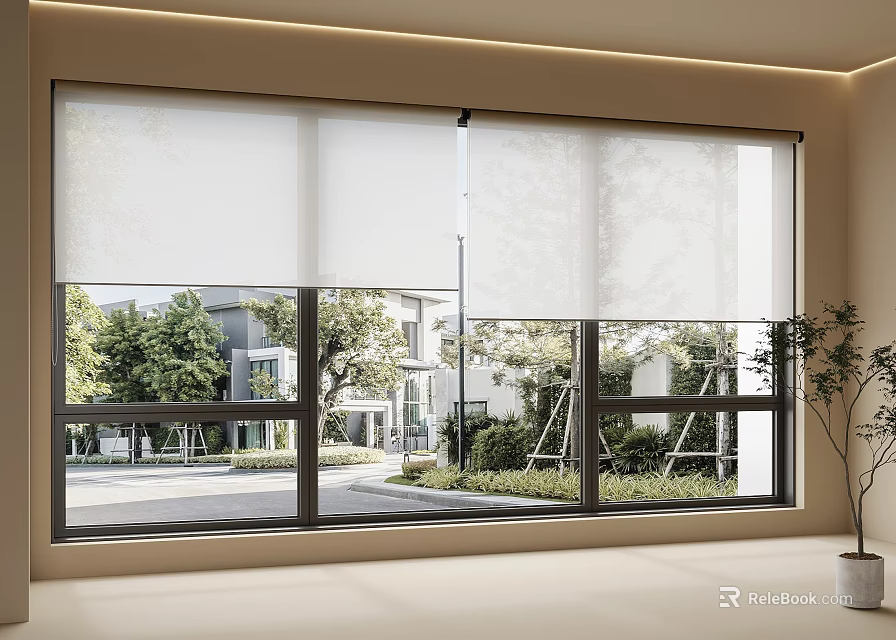 Modern Room With Large Window And Roller Blinds Showing Outdoor Scenery 3d model 