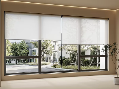 Modern Room With Large Window And Roller Blinds Showing Outdoor Scenery 3d model