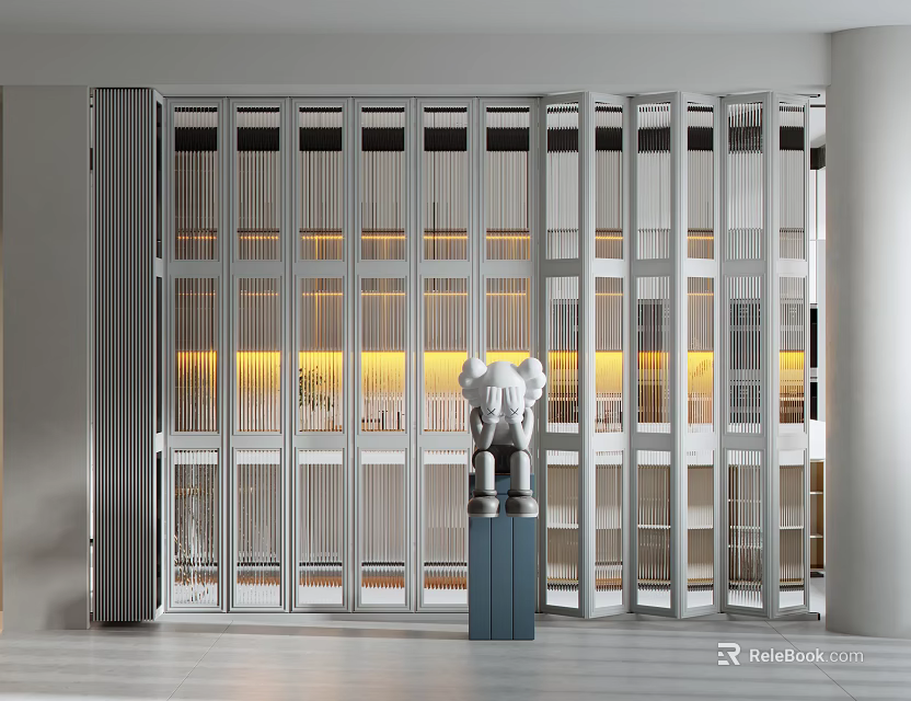 Modern Metal Frame Glass Panel Folding Door in Spacious Hall Interior Design 3d model 