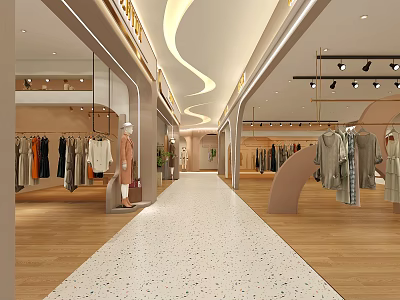Modern Shopping Mall Lobby With Clothing Stores Hanging Clothes Mannequins Curved Ceiling And Wooden Floors 3d model