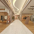 Modern Shopping Mall Lobby With Clothing Stores Hanging Clothes Mannequins Curved Ceiling And Wooden Floors