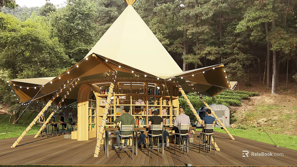 Outdoor Garden Landscape With Tent Structure Wooden Deck Bookshelves And String Lights 3d model 