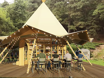 Outdoor Garden Landscape With Tent Structure Wooden Deck Bookshelves And String Lights 3d model