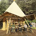Outdoor Garden Landscape With Tent Structure Wooden Deck Bookshelves And String Lights