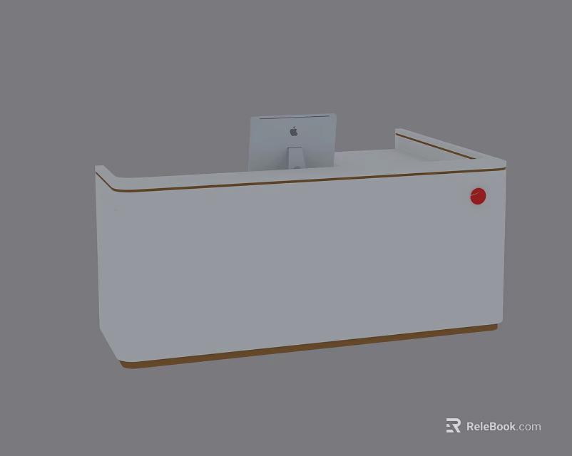 White Reception Desk With Wooden Trim And Computer Monitor Red Accent 3d model 