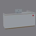 White Reception Desk With Wooden Trim And Computer Monitor Red Accent