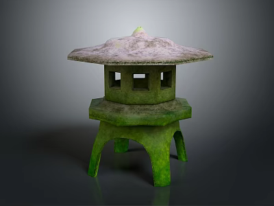 Green Mossy Ancient Stone Lantern Featuring Pagoda Style Roof And Square Windows On Legged Base 3d model