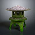 Green Mossy Ancient Stone Lantern Featuring Pagoda Style Roof And Square Windows On Legged Base