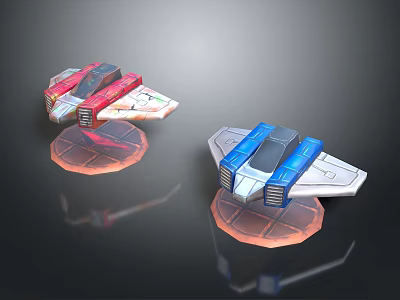 Two Colorful Sci Fi Spaceship Models With Red Blue Bodies And Transparent Bases 3d model