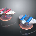 Two Colorful Sci Fi Spaceship Models With Red Blue Bodies And Transparent Bases