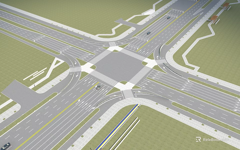 Comprehensive Road Infrastructure Design for Multi Lane Intersection with Pedestrian Paths and Green Spaces 3d model 