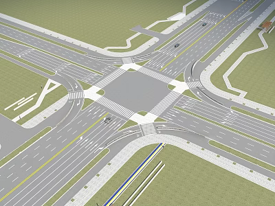Comprehensive Road Infrastructure Design for Multi Lane Intersection with Pedestrian Paths and Green Spaces 3d model