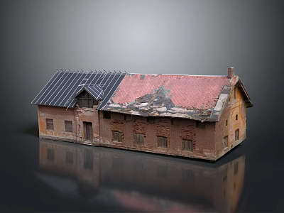 Old Brick Building With Damaged Roof Red Tiles And Black Roof Section 3d model