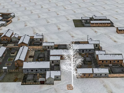 Rural Winter Village Scenery With Snow Covered Rooftops And Bare Tree 3d model